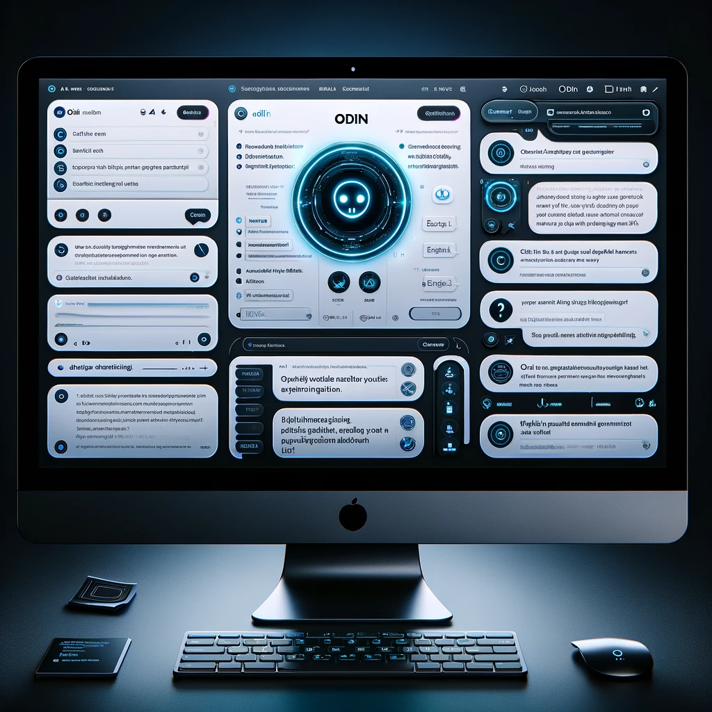 A computer screen displaying a futuristic interface equipped with Odin AI, an advanced AI tool, for a comprehensive review.