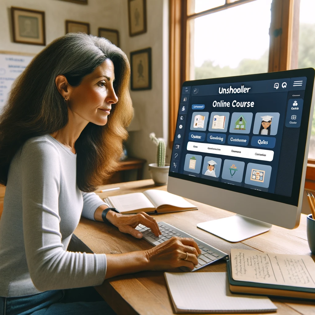A woman sitting at a desk, focused on her computer screen.