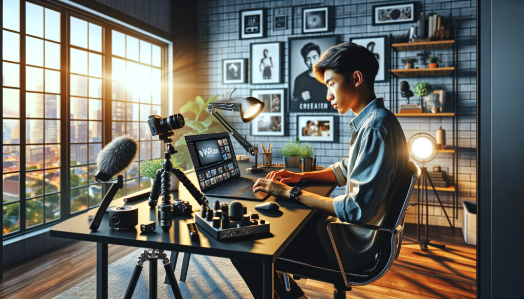 A man is working on a laptop in front of a window, revolutionizing content creation through AI-powered Wallafan.