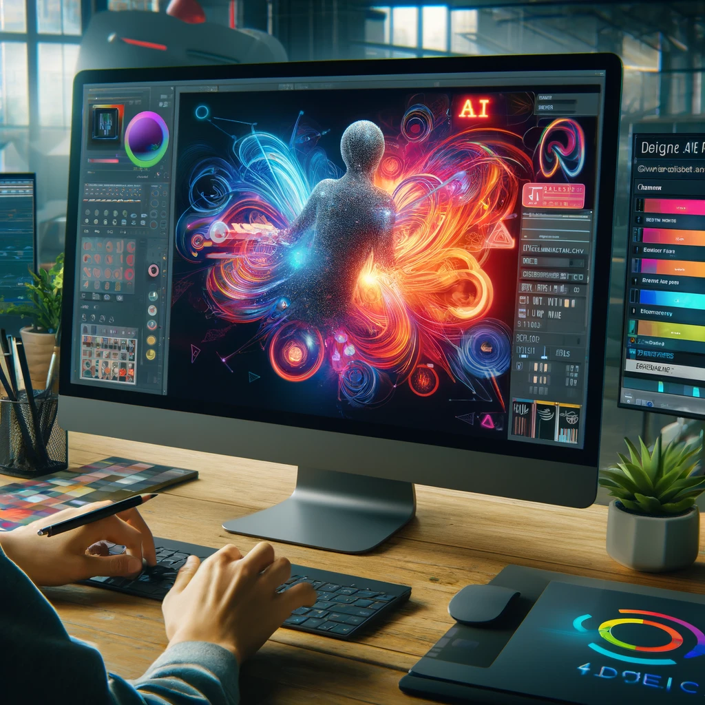 A person harnesses their creativity as they work on a digital art project using Wondr AI software on a large monitor. The screen displays a colorful, abstract design, while various graphic design tools and color palettes are scattered on the desk.