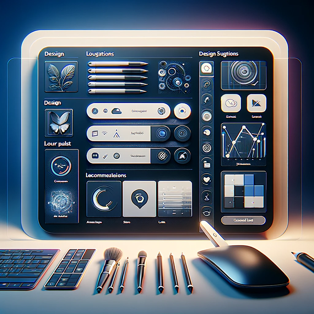 A digital tablet displaying a graphic design interface with various design tools and icons showcases the boundless creativity of modern artists. Below the tablet are multiple pencils, brushes, a mouse, and a keyboard arranged neatly.