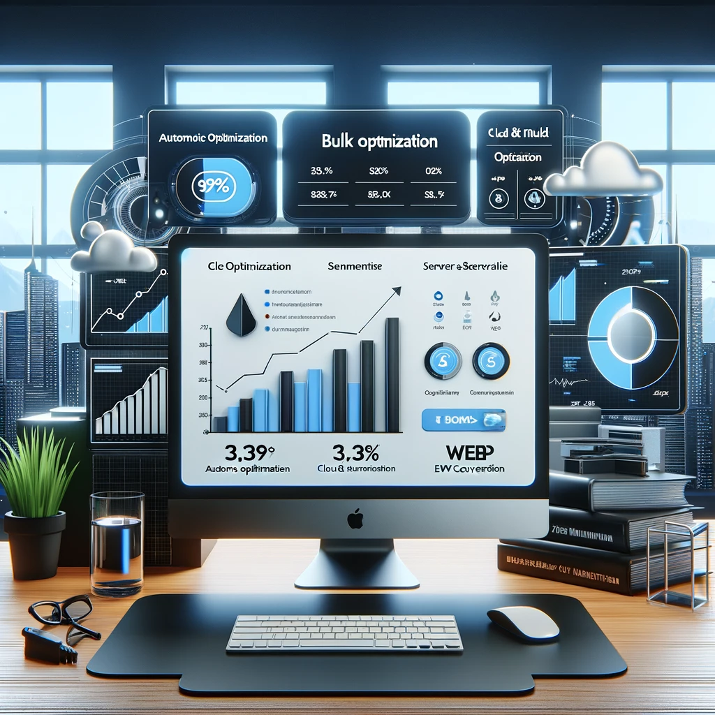A computer on a desk displays various optimization statistics and graphs, including site load time metrics. The background features cityscape views and icons related to cloud and bulk optimization, hinting at the powerful capabilities of tools like EWWW Image Optimizer.