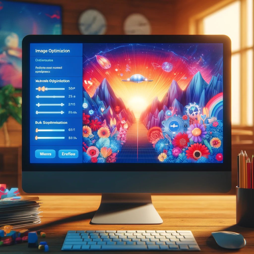 A computer monitor displays a vibrant digital artwork featuring a cosmic landscape with colorful flowers and mountains. A user interface with sliders, designed for image optimization, is visible on the left side of the screen, ensuring quick site load times.