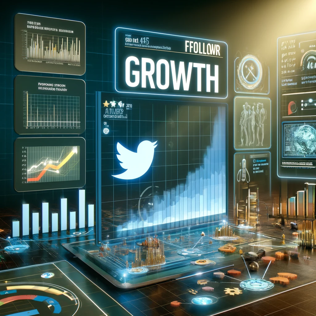 A digital representation of social media analytics, utilizing a powerful Growth Hack Tool to display a significant increase in followers, interaction graphs, and various data visualizations centered around the Twitter logo.