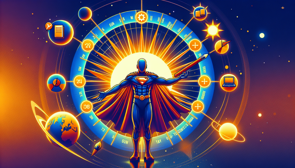 An animated superhero stands in front of a cosmic clock with symbols for different tasks and tools, surrounded by planets and glowing icons. This scene, representing a futuristic and organized workspace, showcases the unparalleled precision of Monday Hero in transforming design to code.