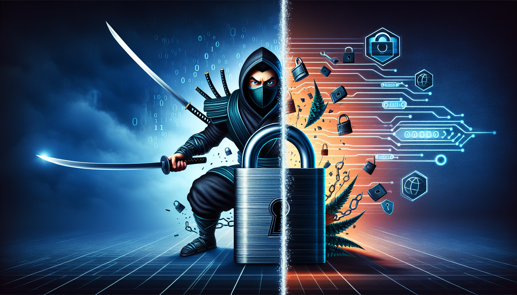 A ninja figure holding a katana stands behind a large padlock, with a blue coding-themed background on the left and digital security icons on the right, symbolizing cybersecurity and WordPress vulnerabilities.