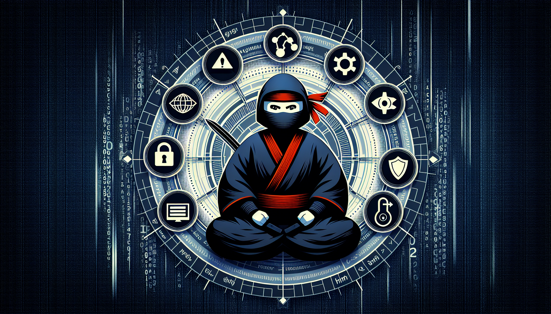 Illustration of a ninja in a meditative pose surrounded by tech icons, suggesting a blend of traditional martial arts and modern technology, with an emphasis on WordPress security and addressing vulnerabilities.