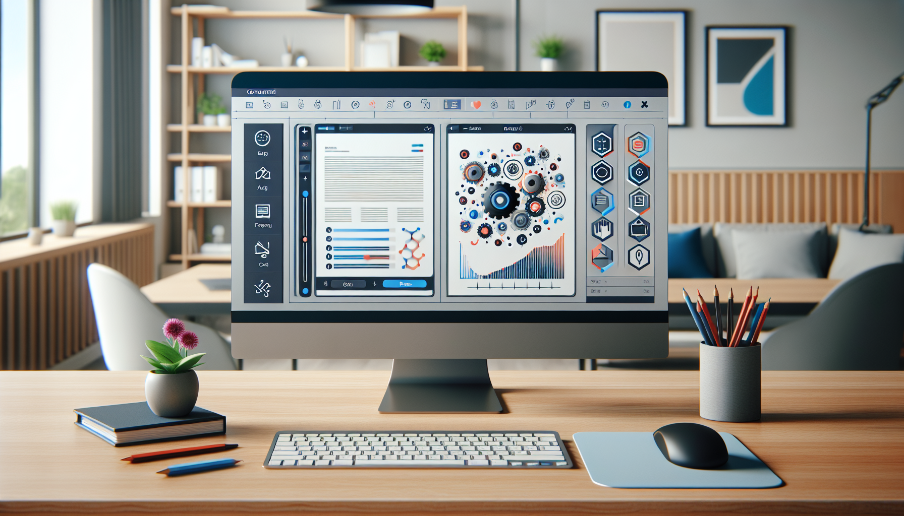 A modern computer screen displaying data visualizations and reports from the Docxter app, set on a wooden desk with office supplies like a mouse, keyboard, pencil holder, and potted plants. Office shelves and decorations are in the background.