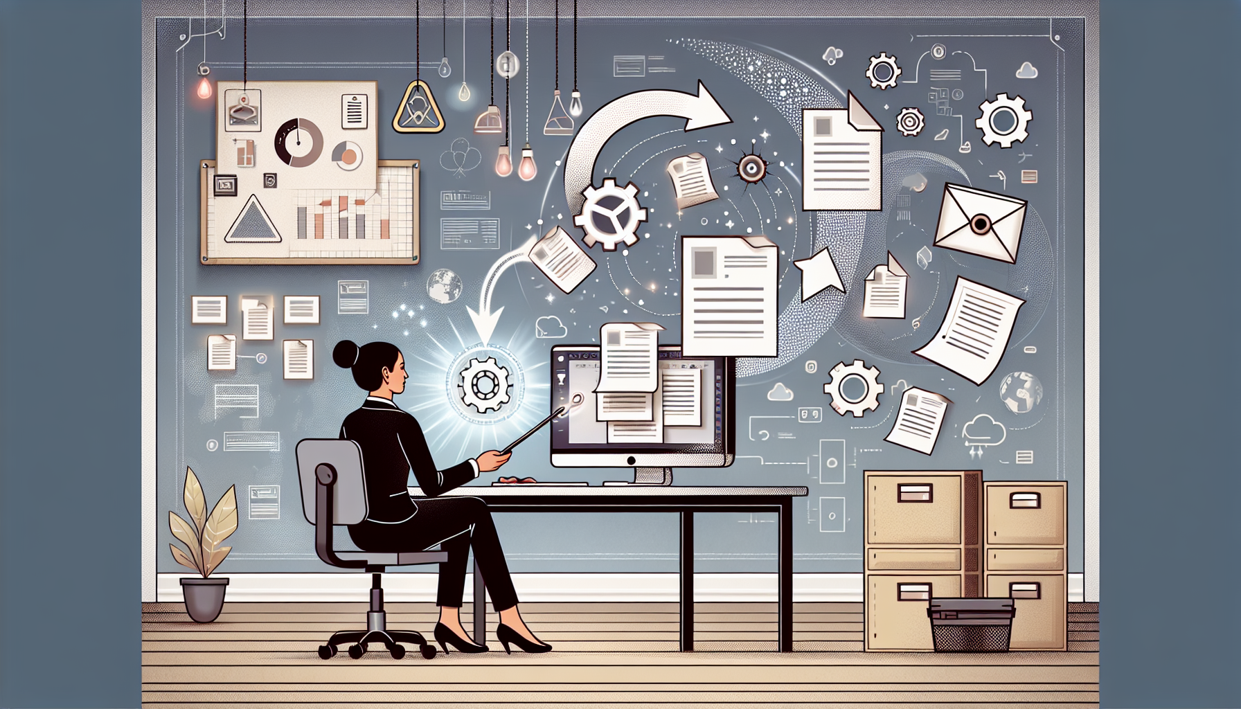 A person sits at a desk with a computer, surrounded by floating documents, gears, and diagrams, symbolizing data analysis and workflow. The wall is adorned with charts and notes. This Docxter setup is truly a game-changer for anyone serious about productivity.