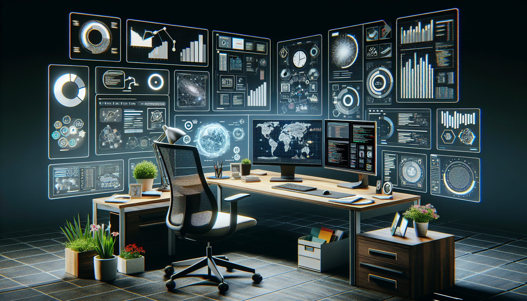 A modern workspace with dual monitors, surrounded by digital charts, graphs, and data visualizations on the walls, featuring various plants and office supplies on a wooden desk with drawers—ideal for web development or analyzing a Flatlogic review of pre-built applications.