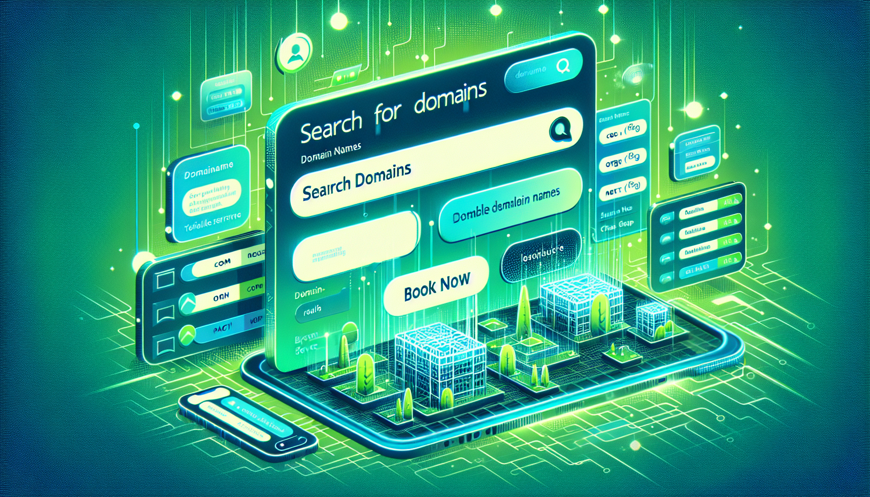 Digital illustration of a futuristic domain search user interface on a green and blue glowing background, featuring seamless domain management options with Flexi Domain and a prominent "Book Now" button.