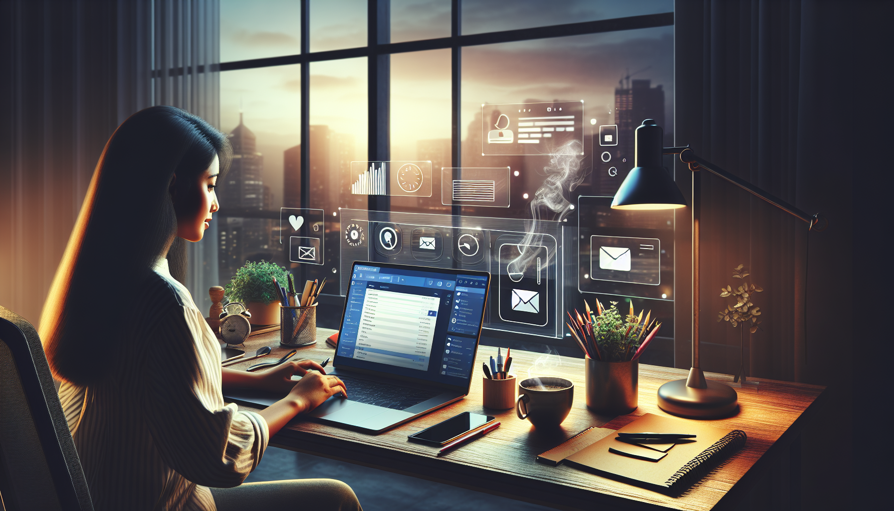 A woman works on her laptop at a desk in a modern office at dusk. Various digital icons indicating notifications and tasks hover in the air around her, including an EmailWritr alert. The cityscape is visible through large windows, reflecting the hustle and bustle of after-hours productivity.