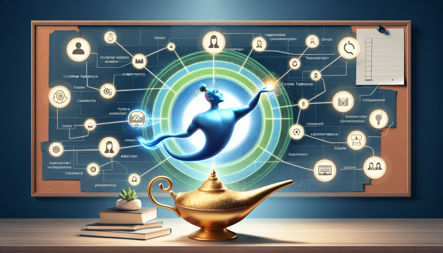 An imaginative scene shows a blue genie, dubbed the CX Genie, emerging from a golden lamp on a table with a stack of books, a small plant, and a connected diagram in the background illustrating various interconnected concepts.