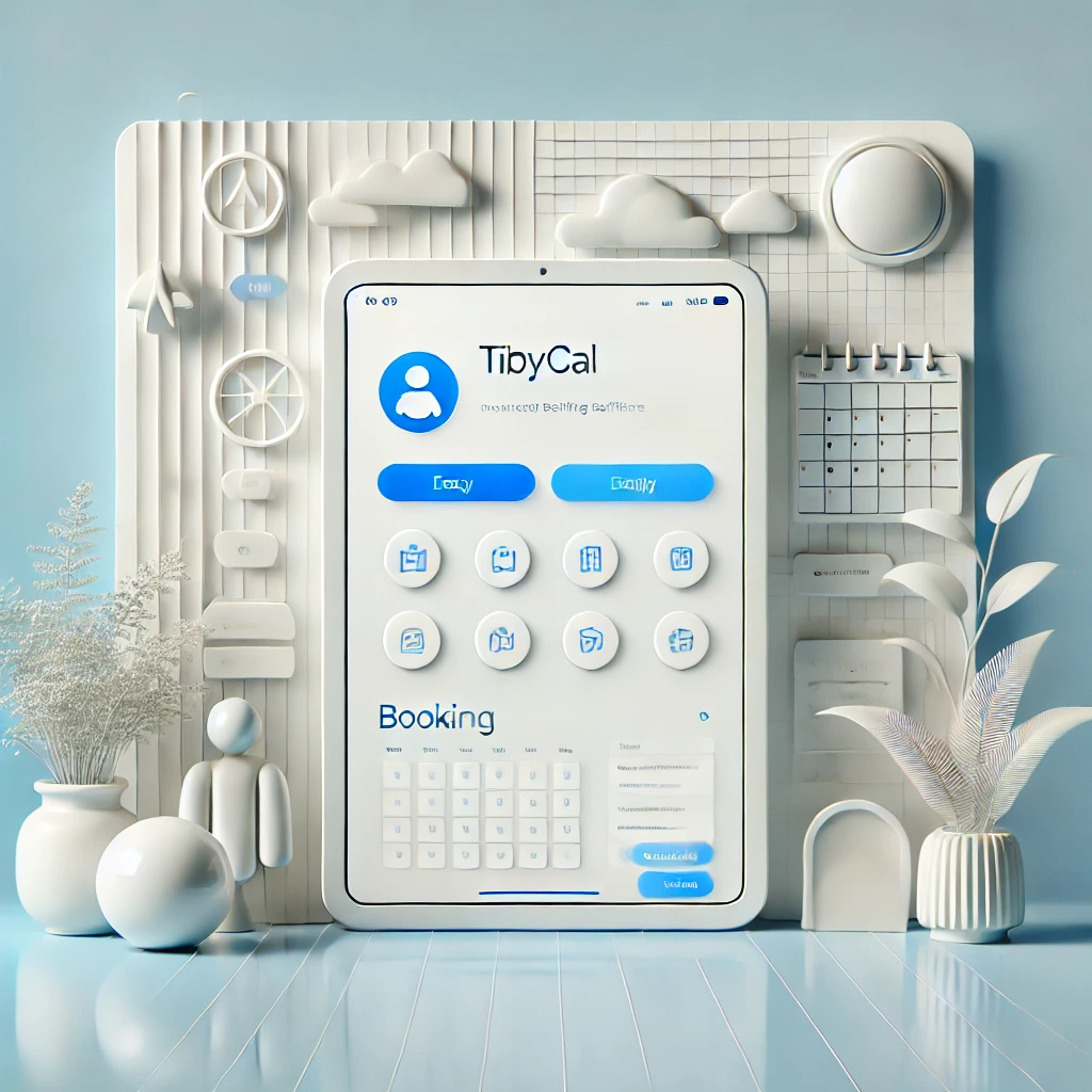 A calendar and booking app, TidyCal, on a tablet screen, surrounded by white three-dimensional objects including plants, shapes, and a miniature calendar. Effortlessly simple to use.