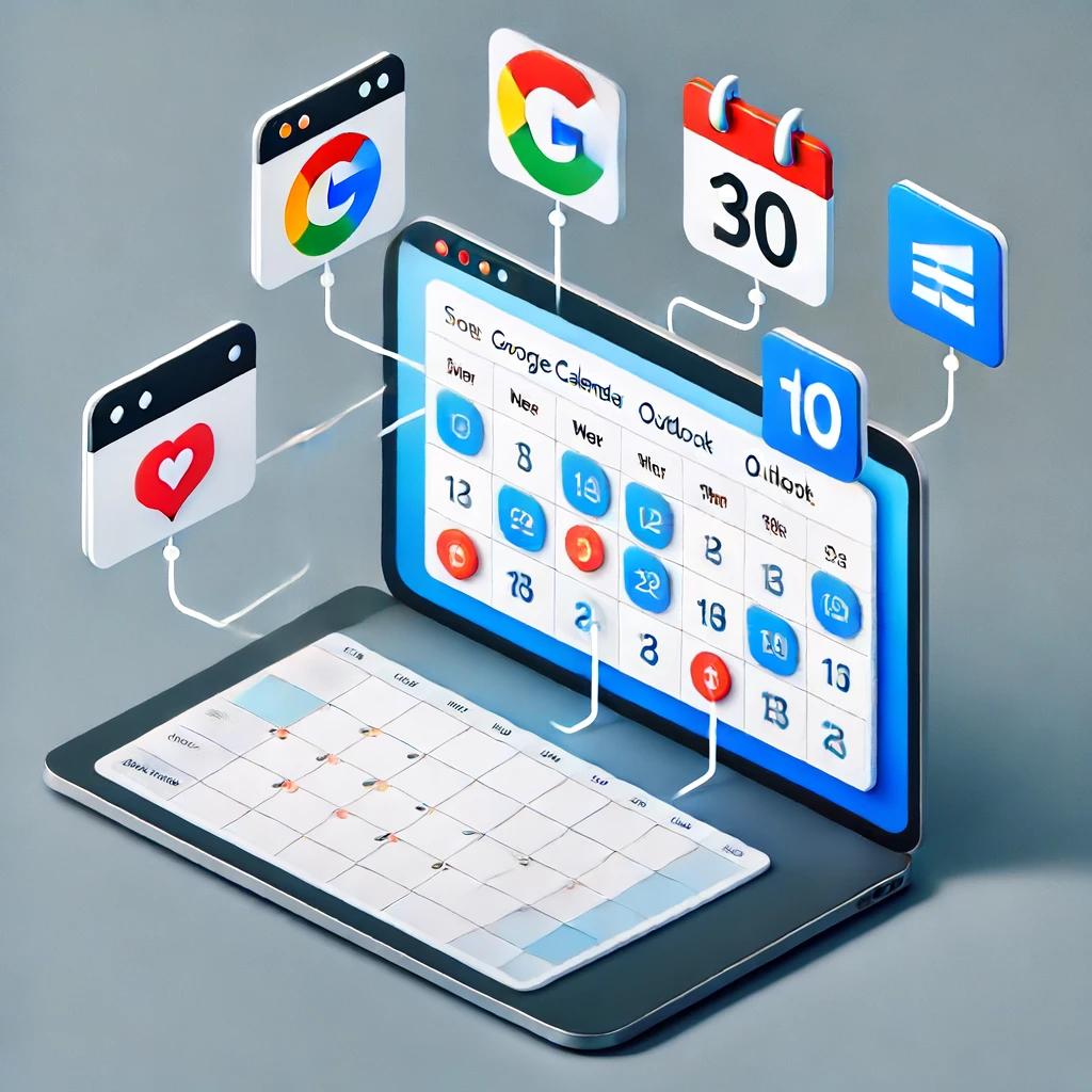 Illustration of a laptop displaying a TidyCal app with floating icons for various applications, including a search engine, booking calendar, and email, connected to it. The design is effortlessly simple and user-friendly.