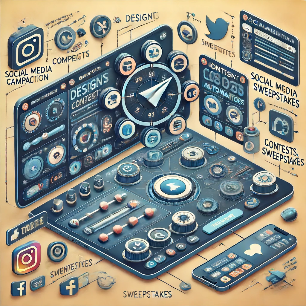 A digital illustration showcasing various social media management tools and icons. It features a compass at the center, surrounded by icons related to design contests, Sociamonials reviews, sweepstakes, and automation tools.