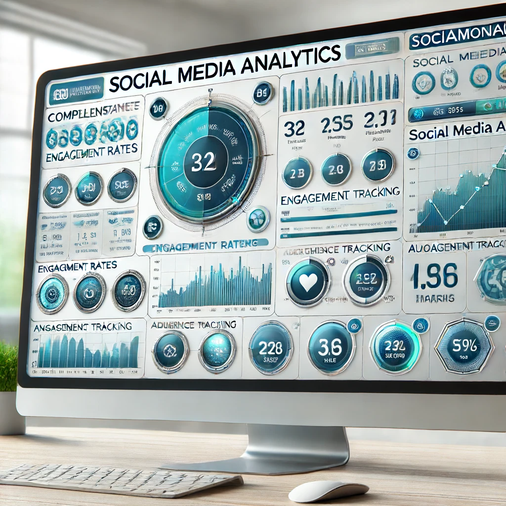 A computer monitor displaying a Sociamonials analytics dashboard with various charts, graphs, and metrics showing engagement rates, audience tracking, and social media activity.