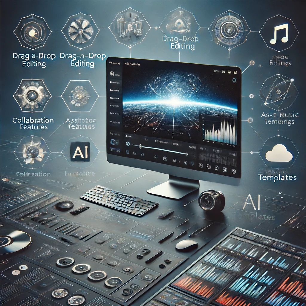 A computer setup with a futuristic interface displays various editing tools, including drag-and-drop editing, collaboration features, AI templates, and music editing. Icons and graphics suggest advanced technology that's perfect for unleashing creativity.