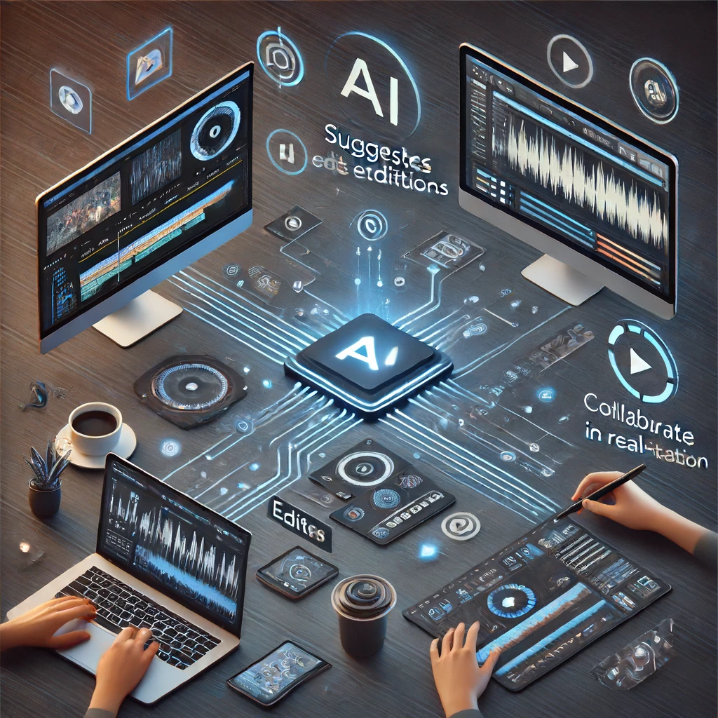 A digital workspace with computers, tablets, and smartphones interconnected through an AI chip. Various options appear around the chip, including "AI Suggests edits," "Collaborate in real-time," and "Edits." Unlocking creativity seamlessly enhances this environment.
