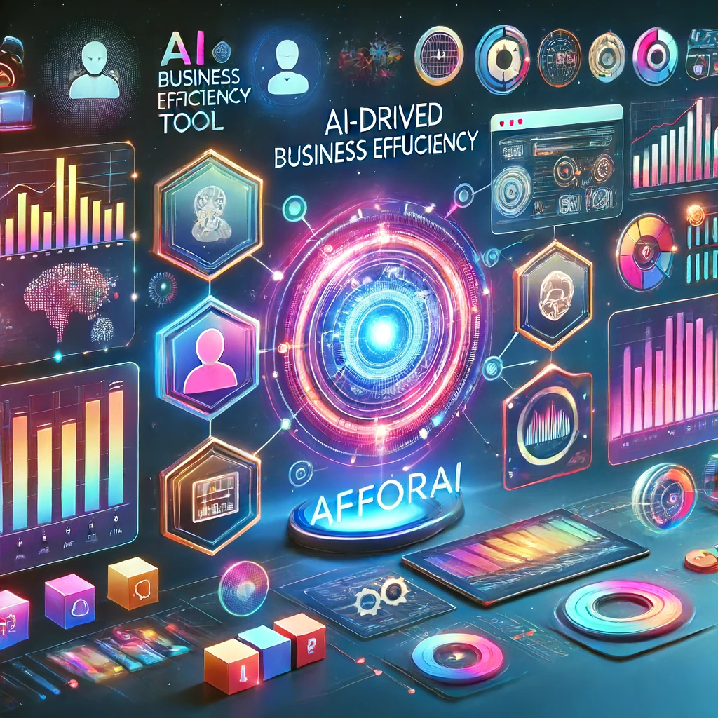 A digital dashboard showcasing various tools and metrics for AI-driven business efficiency, with graphs, charts, and futuristic interfaces. The term "AfforAI" is prominently displayed to provide an unvarnished truth in performance metrics.