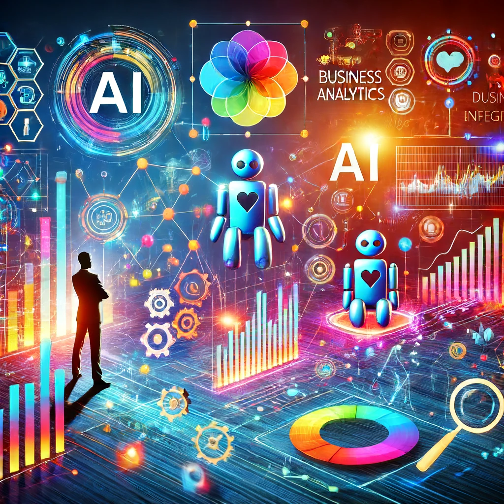 A vibrant illustration depicting AI and business analytics concepts. Features include robots, graphs, and icons against a digital background. A silhouetted figure takes a deep dive into the data, uncovering the unvarnished truth.