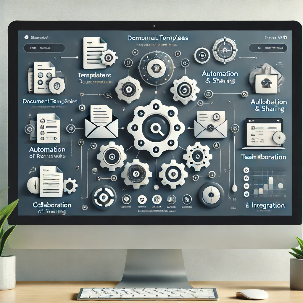 A computer screen displaying a complex flowchart with icons representing document templates, automation, sharing, collaboration, and integration in BreezeDoc. A potted plant and keyboard are visible below the screen, perfect for busy professionals managing document automation efficiently.