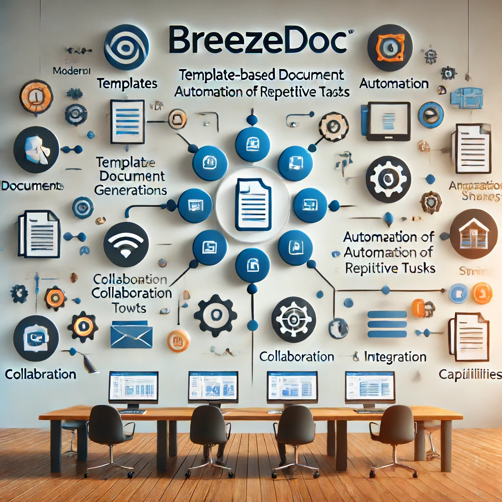 A modern office setup with large visual displays showcasing BreezeDoc, a template-based document automation software designed for busy professionals. The wall displays interconnected features like templates, collaboration, and automation.