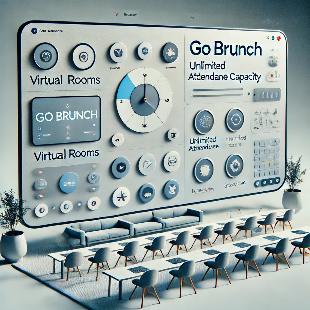 Virtual meeting interface titled "Go Brunch" with options for virtual rooms, unlimited attendance capacity, a clock, and various control buttons. Below the screen, there is a seating area with chairs and tables. This GoBrunch review reveals an intuitive layout designed for seamless interaction.