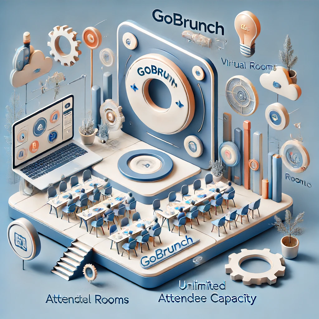 A 3D illustration of a virtual event platform called GoBrunch, featuring a laptop, a large screen, labeled elements like 'Virtual Room' and 'Unlimited Attendee Capacity,' and seated attendees offers an unvarnished truth. This no-nonsense GoBrunch review reveals the platform's core strengths clearly.